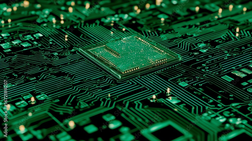 Fototapete an intricate, high-angle view showcases a central microchip embedded within a complex network of gre