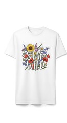 White tee with floral design and motivational text