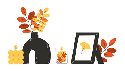 Vase with Autumn Leaves Photo Frame and Decorative Aromatic Candles Seasonal Fall Illustration