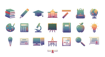 Vibrant collection of educational icons representing learning, school subjects, and academic success for modern digital projects
