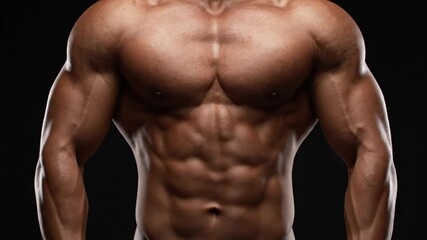 Close-up of a muscular male torso showing defined chest and abdominal muscles, photographed against a solid black backdrop to highlight physique.