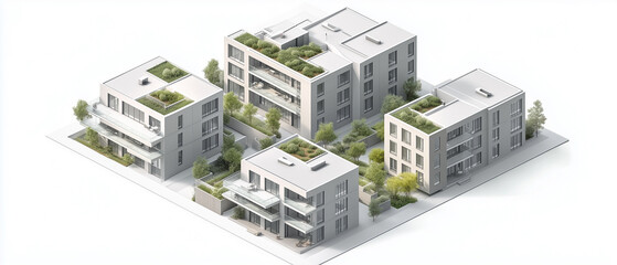 A light gray urban apartment complex