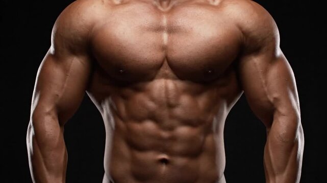 Close-up of a muscular male torso showing defined chest and abdominal muscles, photographed against a solid black backdrop to highlight physique.