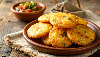 Golden crispy sopaipillas stacked on a brown plate alongside fresh salsa and rustic wood
