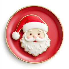 3D Santa Claus cookies on a plate close-up, isolated, on a white background. Illustration, funny, festive print. Advertising of festive sweets.