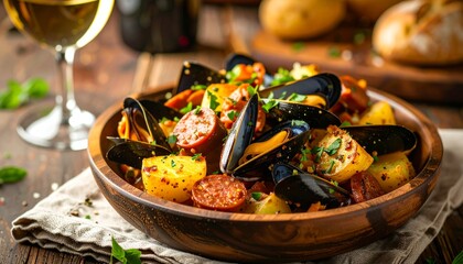 Rustic mussels and chorizo dish with potatoes served in wooden bowl presentation