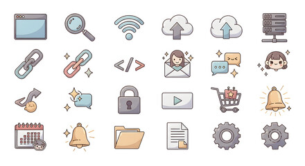 Sweet Pastel Digital Icons Collection: Web, App, and Business Interface Elements with a Cute Aesthetic