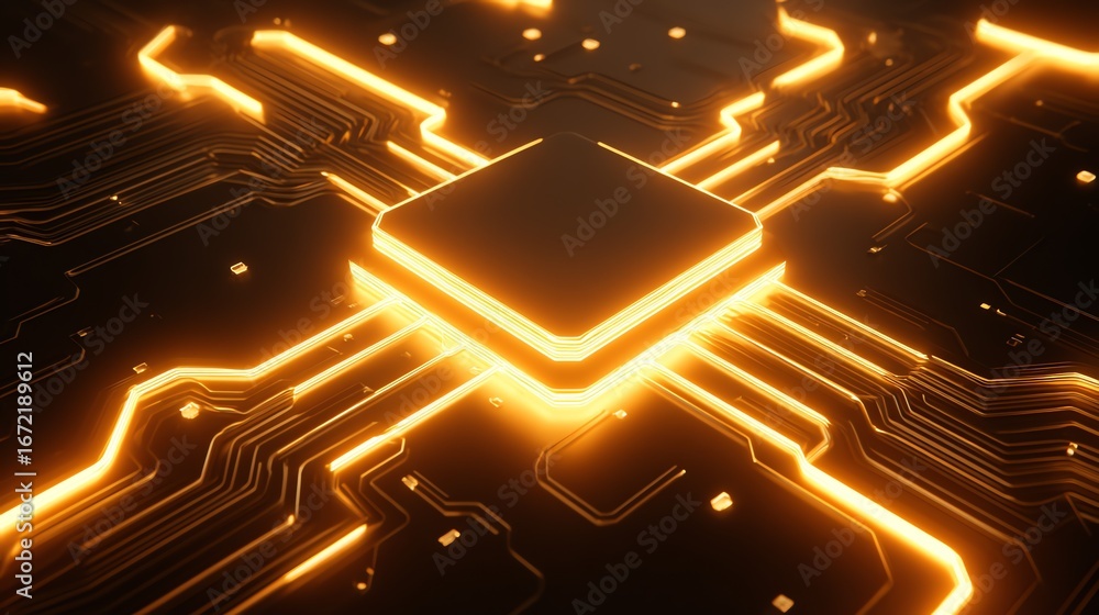 Poster an abstract representation of a central processing unit, depicted with glowing golden lines on a dar