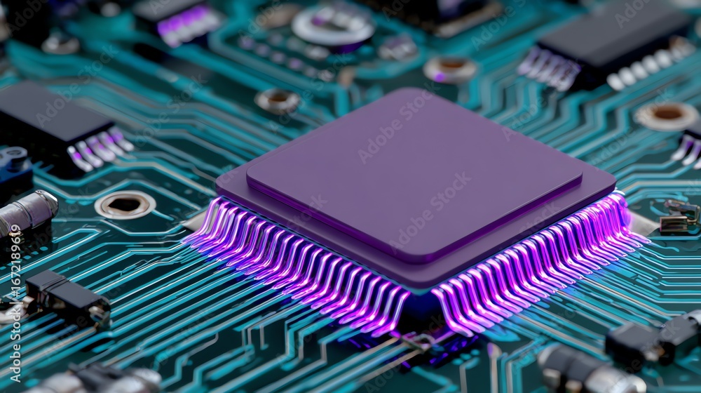 Poster a detailed close-up showcases a central processing unit on a complex circuit board, illuminated with