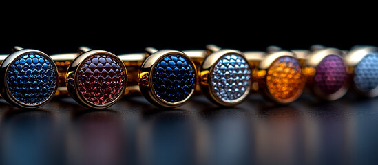 Colorful cufflinks on dark reflective surface, closeup for product showcase