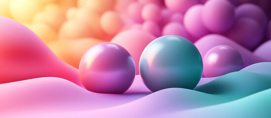 Colorful spheres on pastel landscape, abstract background