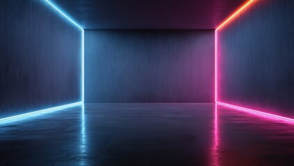 Empty, neon-lit, futuristic room