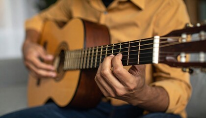 Man playing acoustic guitar indoors.