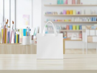 White shopping bag standing on wooden table in art supply store, offering a perfect mockup for branding or showcasing purchased art materials