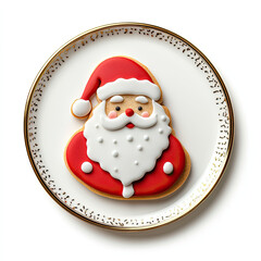 3D Santa Claus cookies on a plate close-up, isolated, on a white background. Illustration, funny, festive print. Advertising of festive sweets.