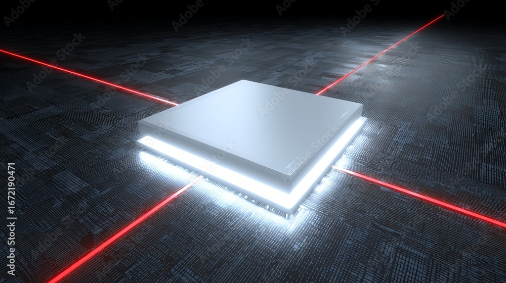 Poster a stark white cube rests at the intersection of glowing red lines upon a textured dark surface, evok