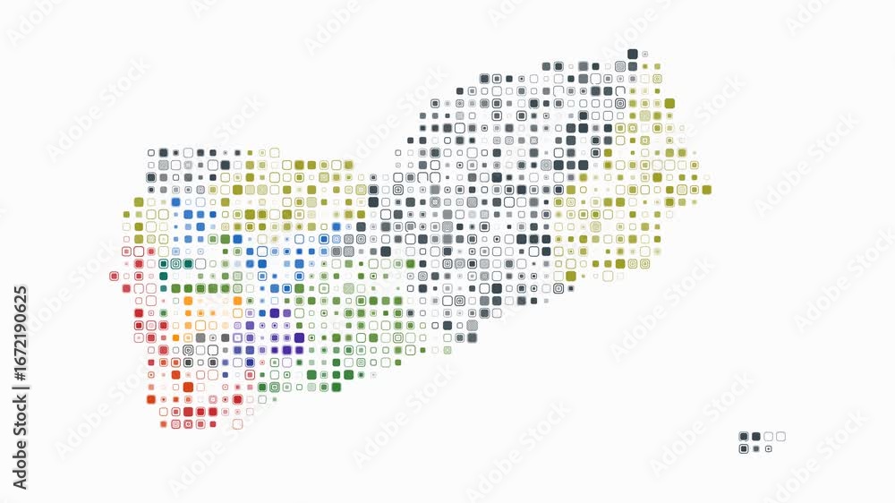Poster yemen animation. shape of the country with pulsating colored dots. small size rounded square blocks.