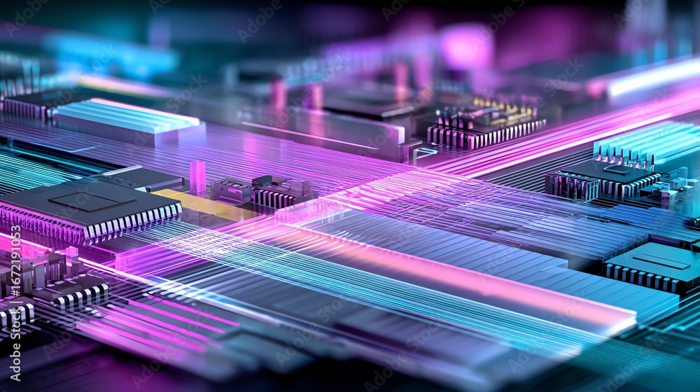 Fototapete an abstract visualization depicts a complex network of interconnected circuitry, illuminated with vi