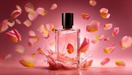 Rose-scented perfume bottle with petals and splash