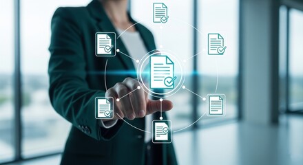 A businesswoman taps on a glowing central document surrounded by six digital icons, document review, quality control process, quality assurance