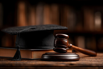 Graduation diploma hat / Judge gavel on school lawye. Concept of graduate stud international abroad abou jurisprudence laws certifcate in university, distane education for learning b self