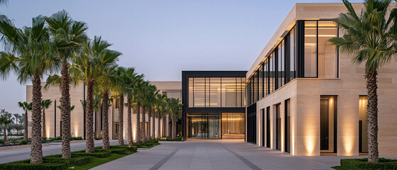 A serene and powerful image of contemporary architecture. The building's facade is a composition of jet-black framed windows and panels of beige travertine. The glass appears almost invisible