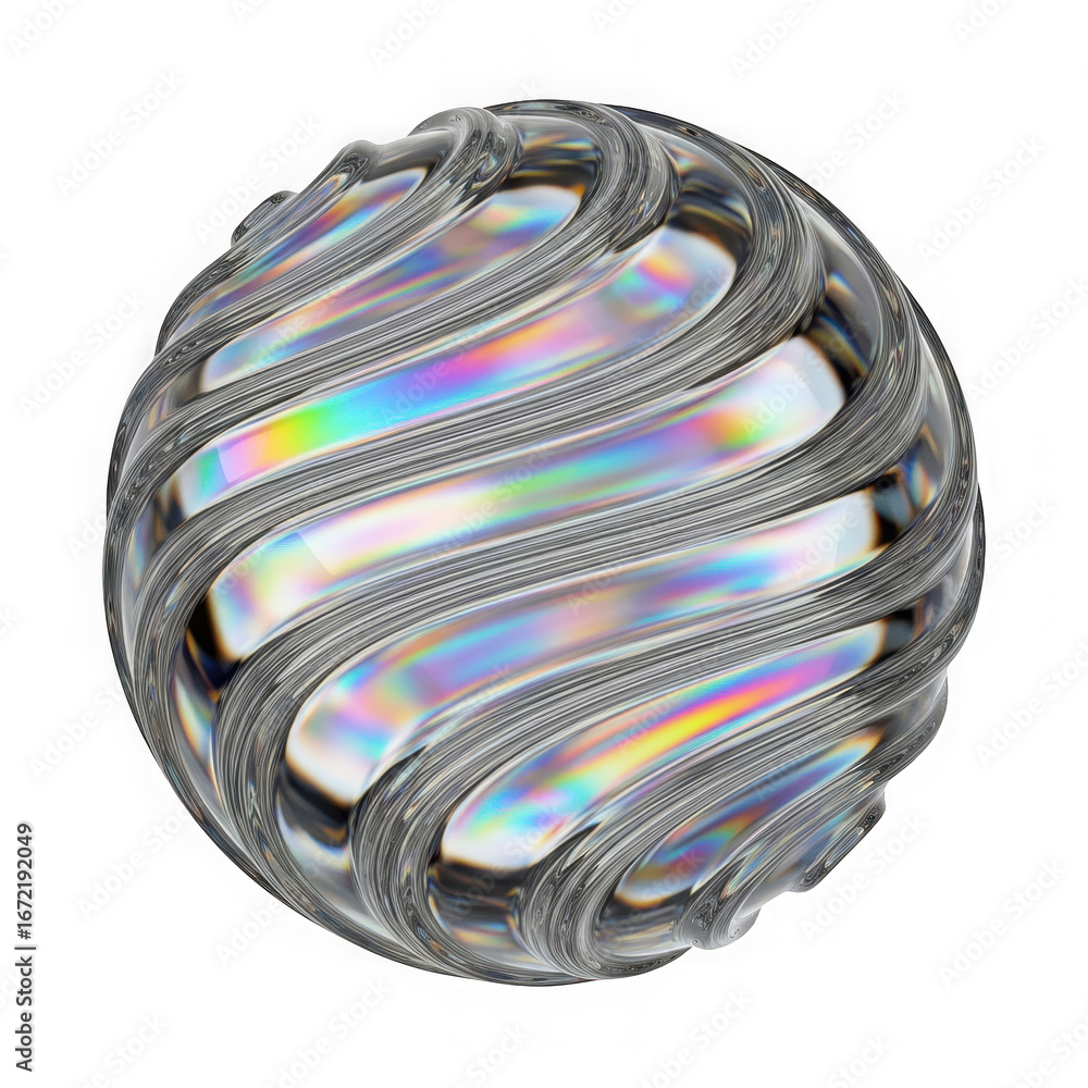 Poster Abstract sphere with iridescent holographic material and metallic texture, isolated on transparent background