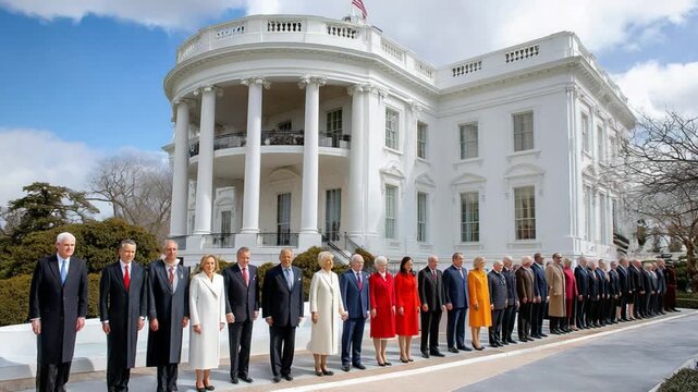 Gathering at the Landmark: A distinguished assembly stands before a grand historical edifice, the epitome of governance, representing a spectrum of backgrounds, a momentous occasion etched in time.