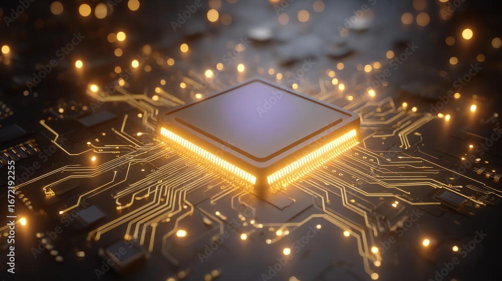 Poster a detailed, digitally rendered close-up showcases a central microchip component illuminated with gol