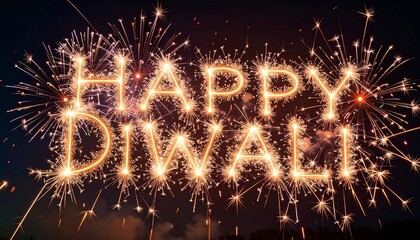 Firecrackers and sparklers captured mid-burst against a dark night backdrop, glowing trails forming the words Happy Diwali in sparkling style.