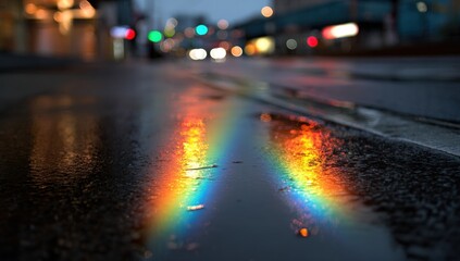Rainbow reflections in a wet city street at night