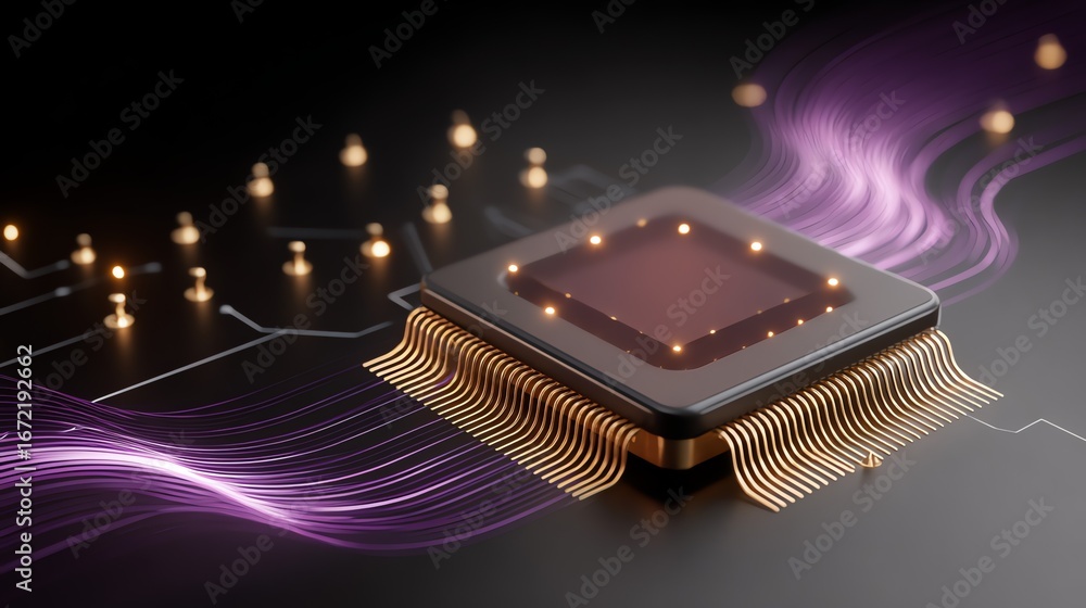Poster a detailed rendering showcases a central processing unit, illuminated with warm light, set against a