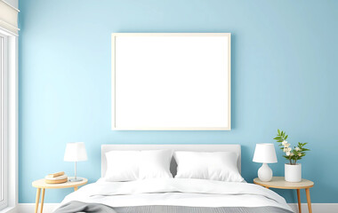  A modern bedroom with pastel blue wall, one white wooden frame poster mockup above the bed.