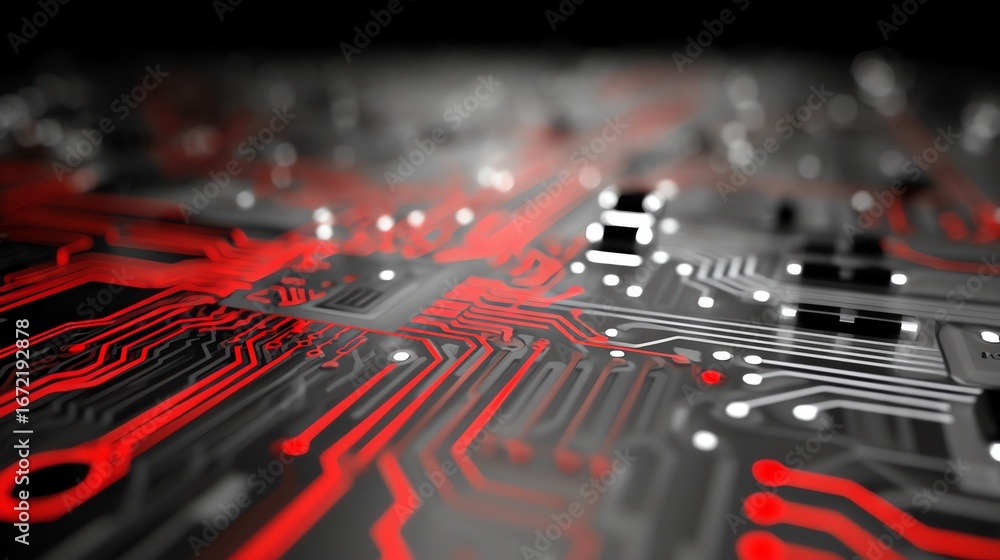 Aufkleber an abstract representation of a complex circuit board glows with vibrant red lines against a dark ba