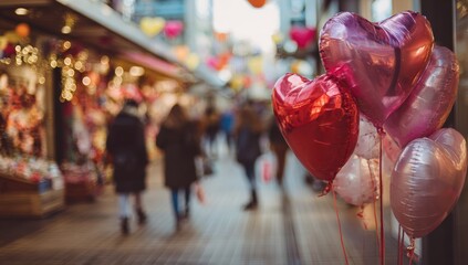 Valentine's Day street scene with heart balloons