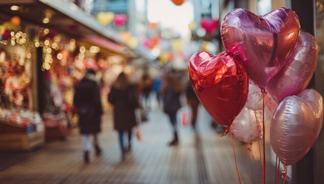 Valentine's Day street scene with heart balloons