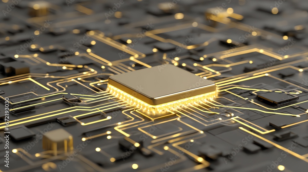 Poster a detailed, digitally rendered close-up showcases a golden microchip integrated into a complex netwo