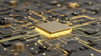 A detailed, digitally rendered close-up showcases a golden microchip integrated into a complex network of circuitry, evoking themes of technological advancement and interconnected systems.