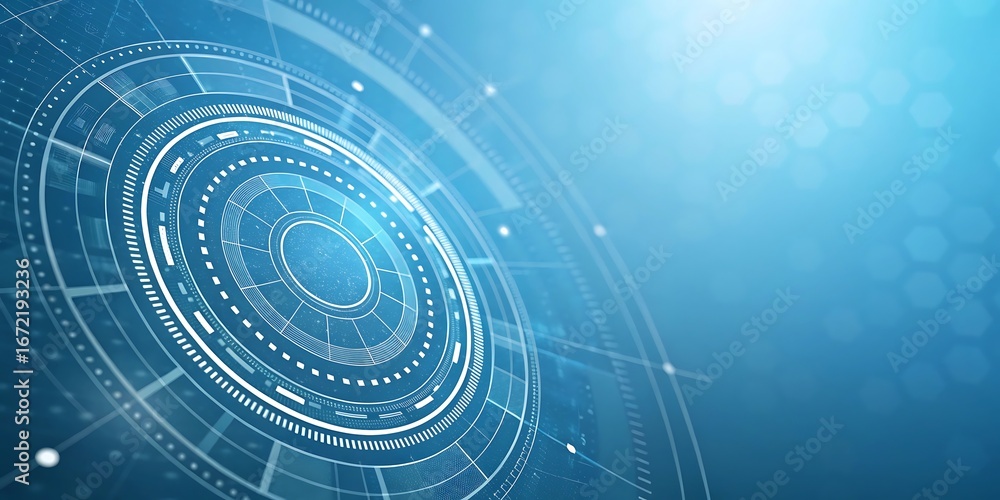 Poster abstract futuristic digital interface with glowing blue circuitry and geometric patterns on a blurre