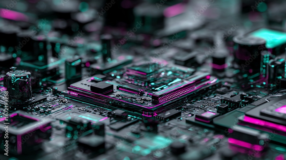 Poster an abstract, close-up view reveals the intricate network of a circuit board, illuminated with vibran
