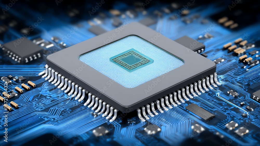 Poster a detailed close-up showcases a central processing unit, highlighting the intricate network of circu