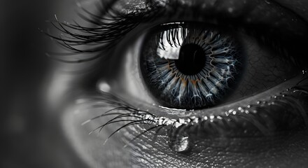 Close-up Monochrome Eye with Piano Key Iris, Tear Dropping, High-Detail Macro Photography