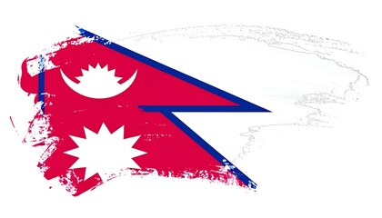 Artistic brushstroke of Nepal's unique triangular flag featuring the moon and sun symbols on a white background.