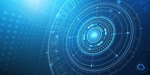 Intricate blue digital futuristic interface with glowing geometric patterns and data streams creating a sense of advanced technology and innovation
