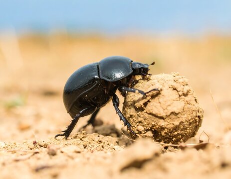 A black dung beetle pushing a ball of dung across a sandy landscape