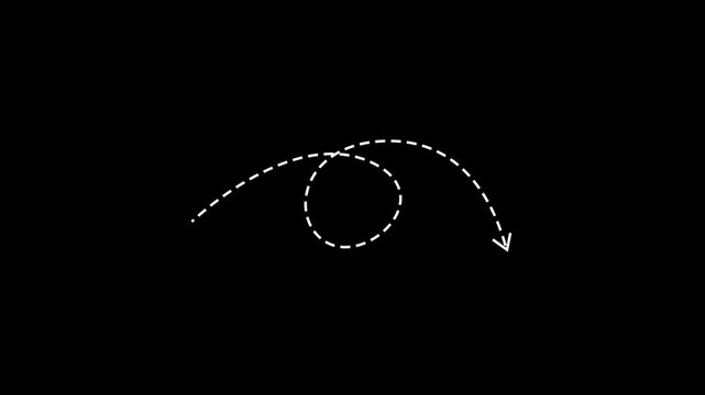Animated white dashed arrow moving in a spiral pattern on black background