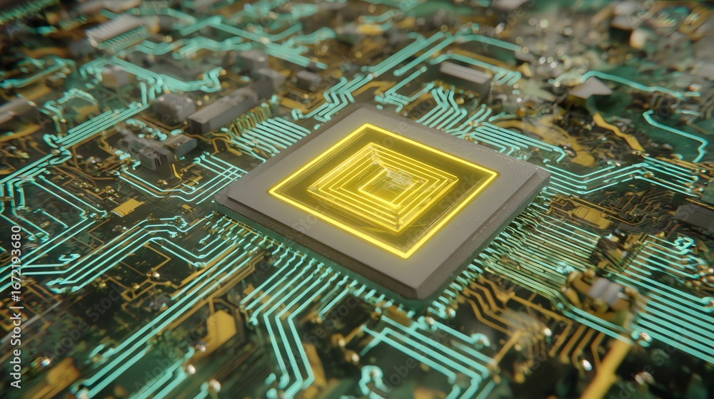 Poster a detailed, digitally rendered close-up showcases a central microchip integrated into a complex netw