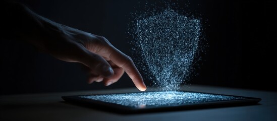 Hand touching tablet, digital shield
