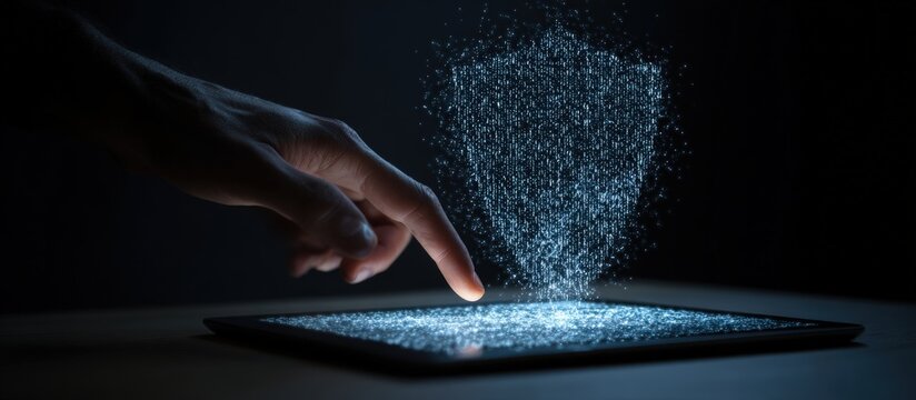 Hand touching tablet, digital shield - Powered by Adobe