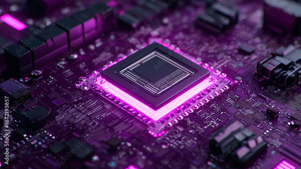 Fototapete a detailed, futuristic rendering showcases a central processing unit illuminated with vibrant pink l